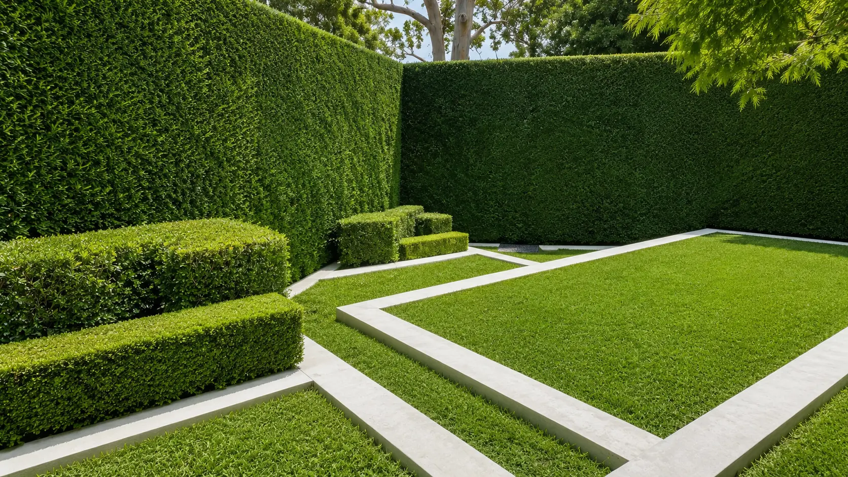 Sculpted hedge garden with stone paths
